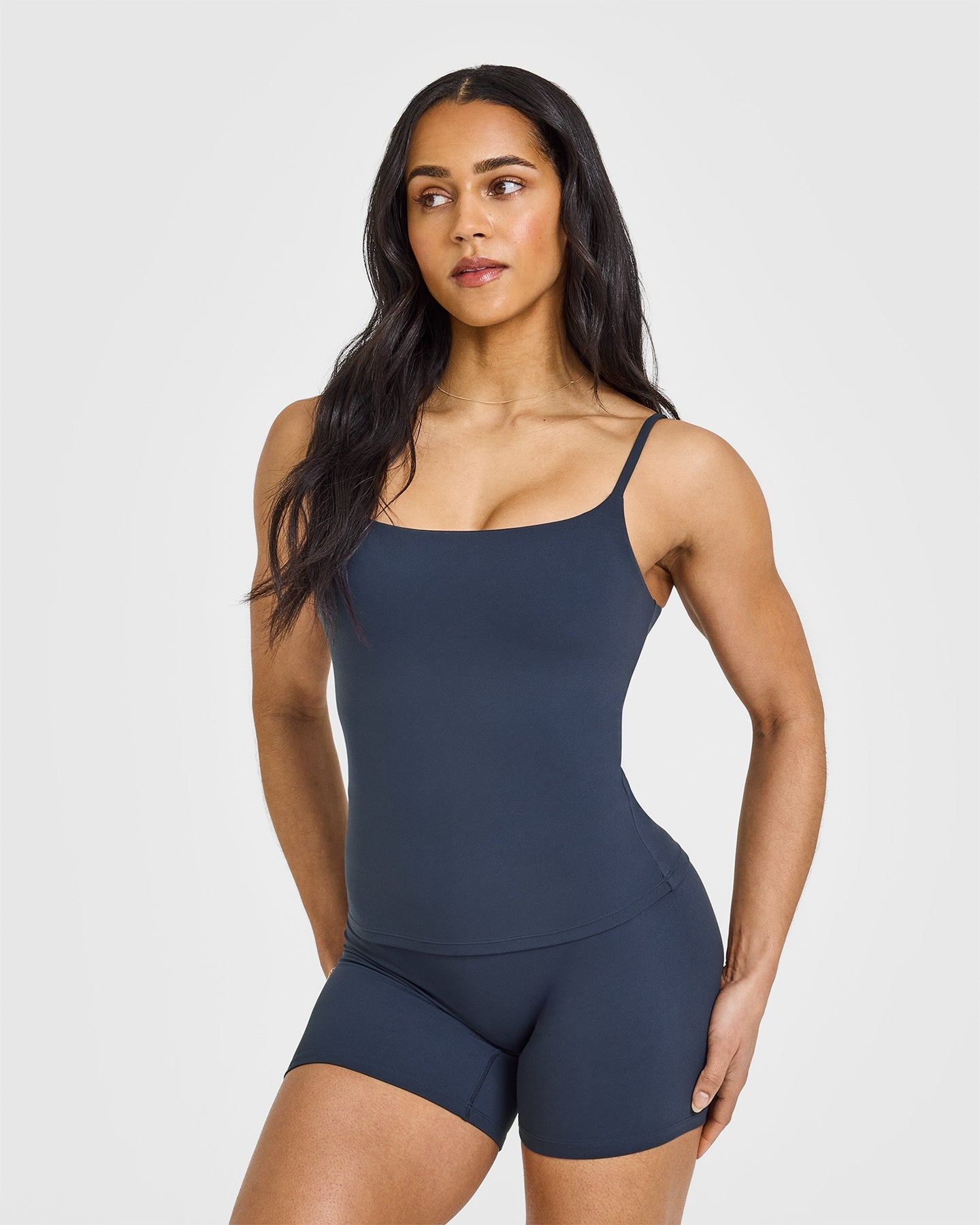 SoftMotionâ„¢ Strappy Vest with Built in Bra Shelf with White Logo | True Blue