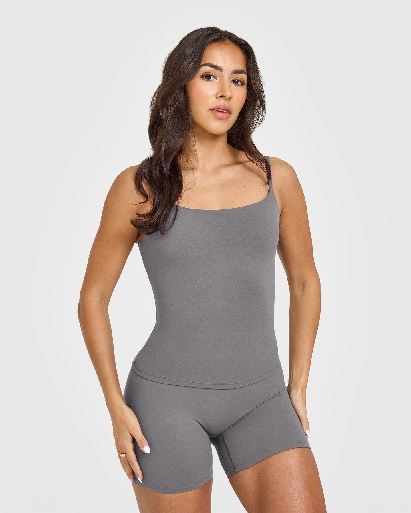 SoftMotionâ„¢ Strappy Vest with Built in Bra Shelf with White Logo | Ash Grey