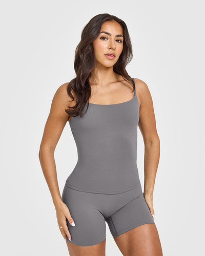 SoftMotionâ„¢ Strappy Vest with Built in Bra Shelf with White Logo | Ash Grey