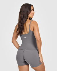 SoftMotionâ„¢ Strappy Vest with Built in Bra Shelf with White Logo | Ash Grey
