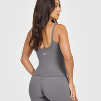 SoftMotionâ„¢ Strappy Vest with Built in Bra Shelf with White Logo | Ash Grey
