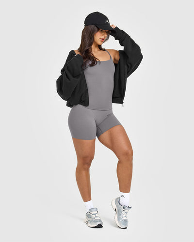 SoftMotionâ„¢ Strappy Vest with Built in Bra Shelf with White Logo | Ash Grey