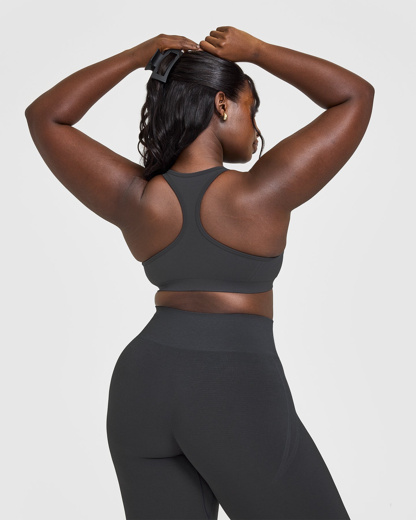 Effortless Seamless Racer Back Sports Bra with White Logo | Coal