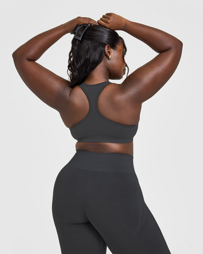 Effortless Seamless Racer Back Sports Bra with White Logo | Coal