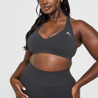 Effortless Seamless Racer Back Sports Bra with White Logo | Coal
