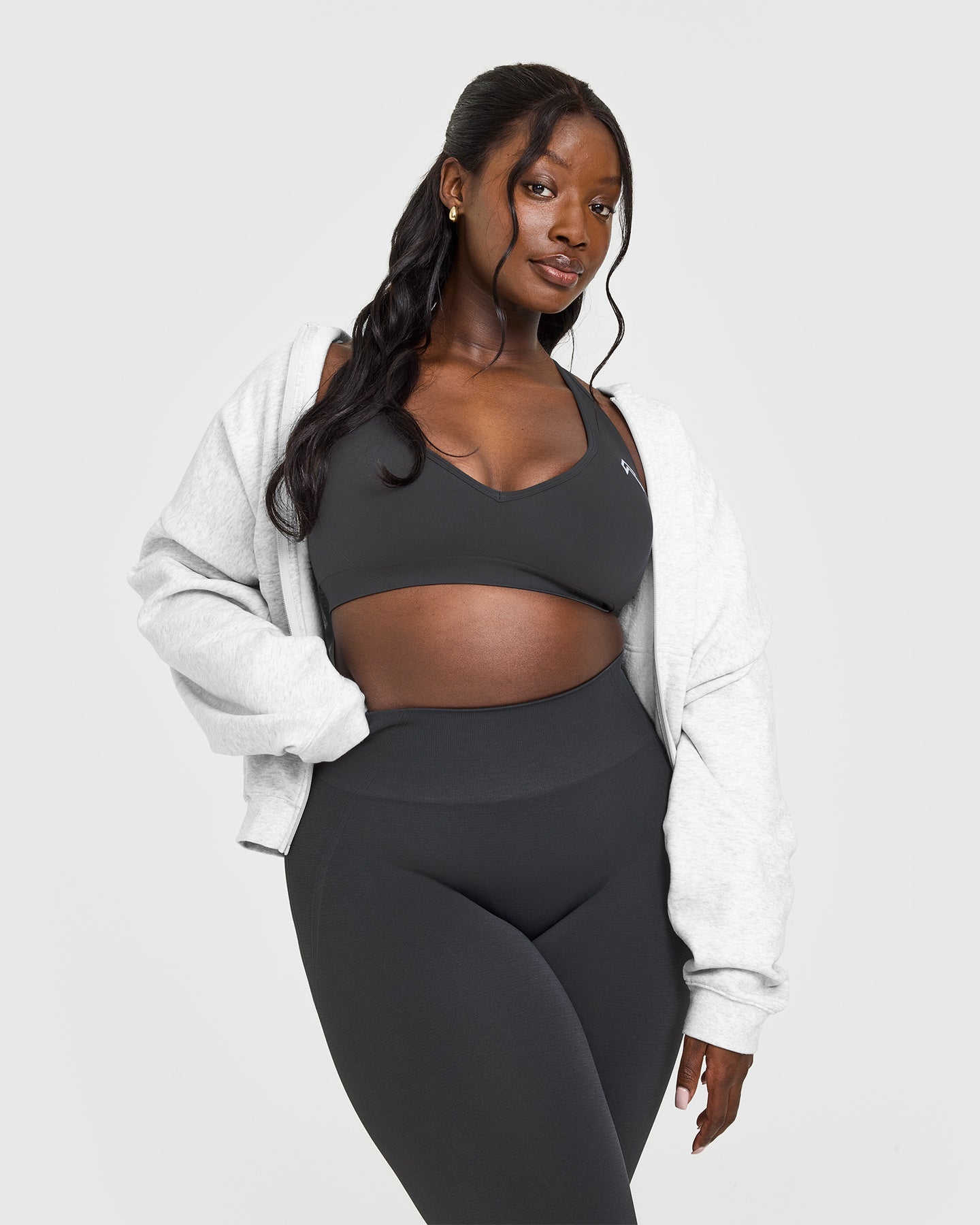 Effortless Seamless Racer Back Sports Bra with White Logo | Coal