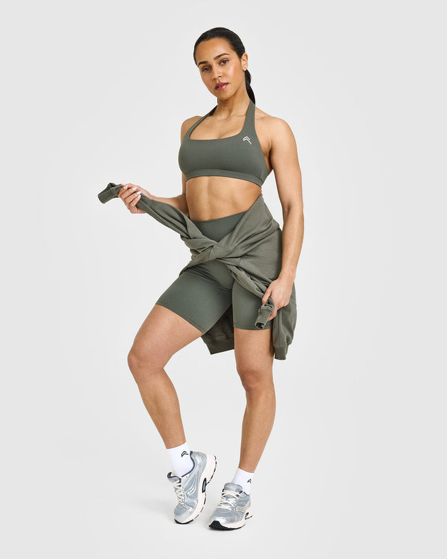 EasyLiftâ„¢ Halter Bralette with White Logo | Dark Khaki