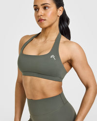 EasyLiftâ„¢ Halter Bralette with White Logo | Dark Khaki