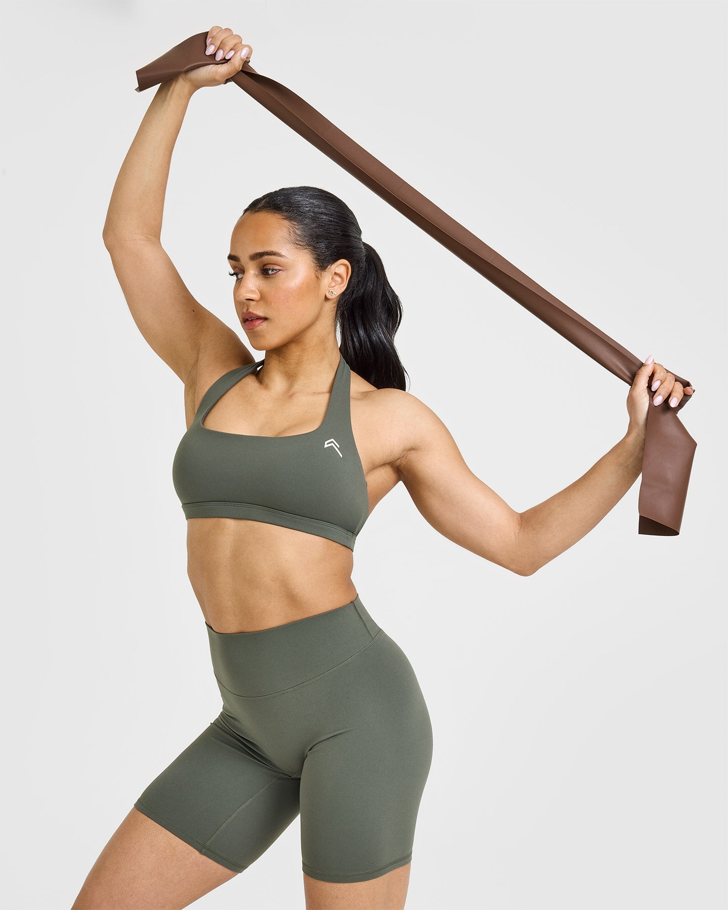 EasyLiftâ„¢ Halter Bralette with White Logo | Dark Khaki