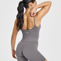 SoftMotionâ„¢ Strappy Mid Vest with Built in Bra Shelf with White Logo | Ash Grey