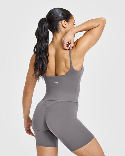 SoftMotionâ„¢ Strappy Mid Vest with Built in Bra Shelf with White Logo | Ash Grey