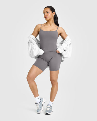 SoftMotionâ„¢ Strappy Mid Vest with Built in Bra Shelf with White Logo | Ash Grey