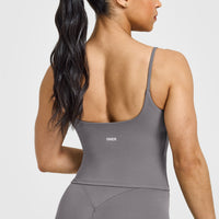 SoftMotionâ„¢ Strappy Mid Vest with Built in Bra Shelf with White Logo | Ash Grey