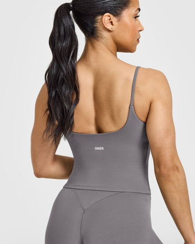 SoftMotionâ„¢ Strappy Mid Vest with Built in Bra Shelf with White Logo | Ash Grey