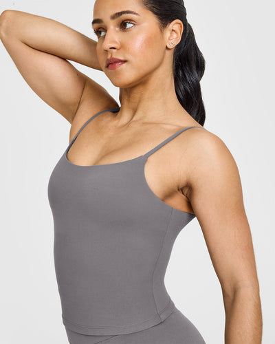 SoftMotionâ„¢ Strappy Mid Vest with Built in Bra Shelf with White Logo | Ash Grey