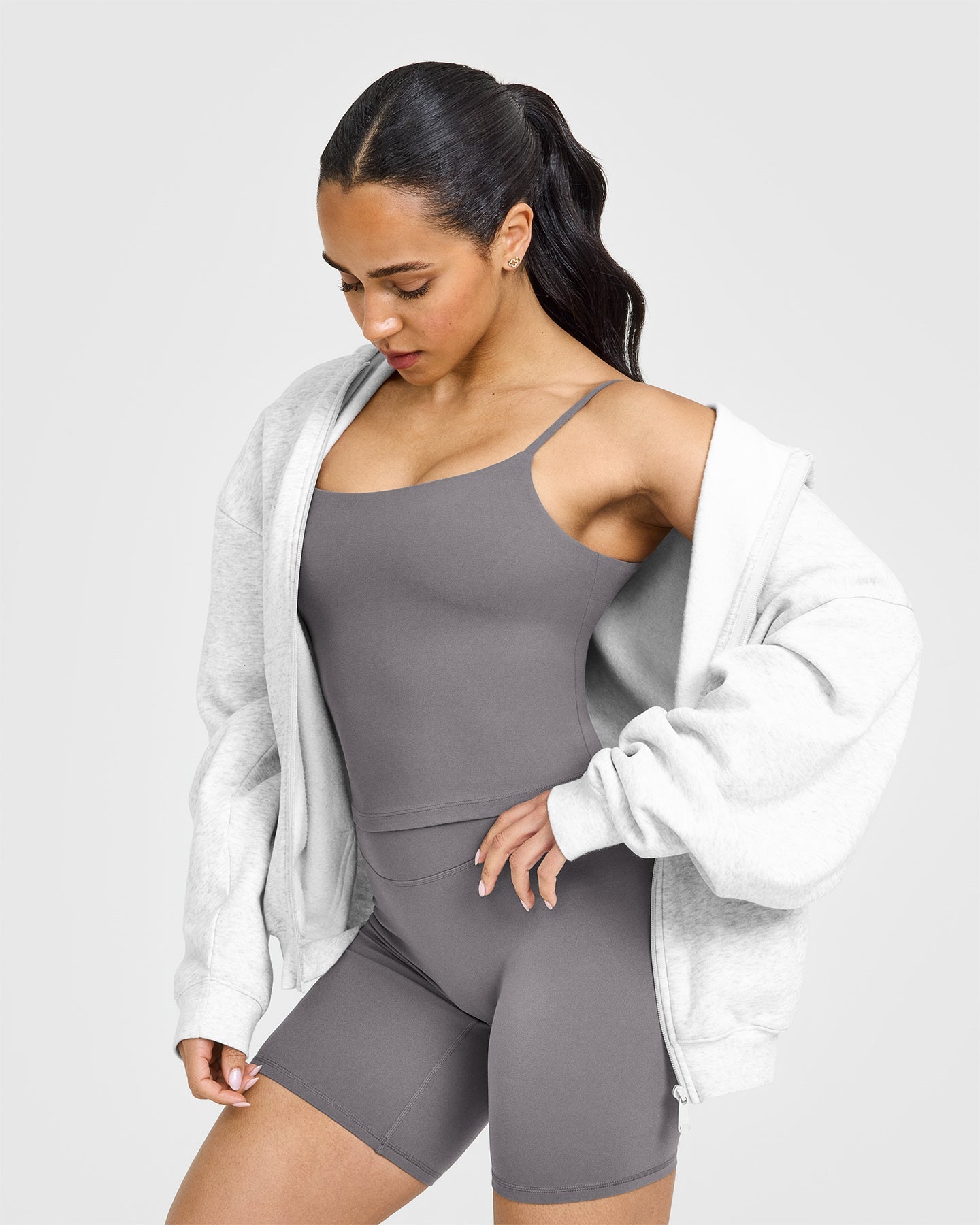 SoftMotionâ„¢ Strappy Mid Vest with Built in Bra Shelf with White Logo | Ash Grey