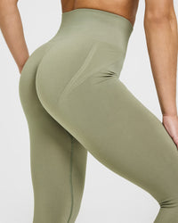 Effortless Seamless Leggings with White Logo | Deep Sage Green