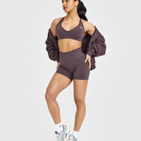 Effortless Seamless Racer Back Sports Bra with White Logo | Umber Brown