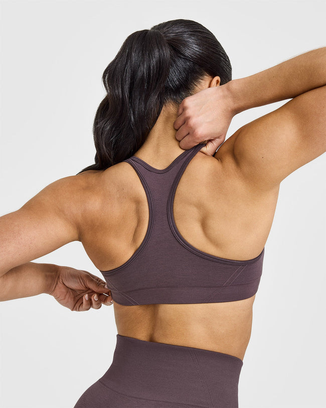 Effortless Seamless Racer Back Sports Bra with White Logo | Umber Brown