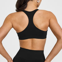 Effortless Seamless Racer Back Sports Bra with White Logo | Black