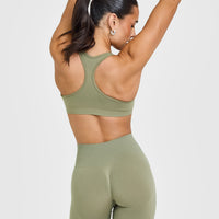 Effortless Seamless Racer Back Sports Bra with White Logo | Deep Sage Green