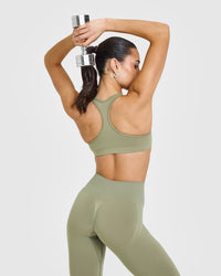 Effortless Seamless Racer Back Sports Bra with White Logo | Deep Sage Green