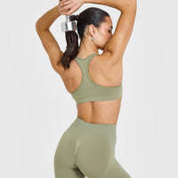 Effortless Seamless Racer Back Sports Bra with White Logo | Deep Sage Green