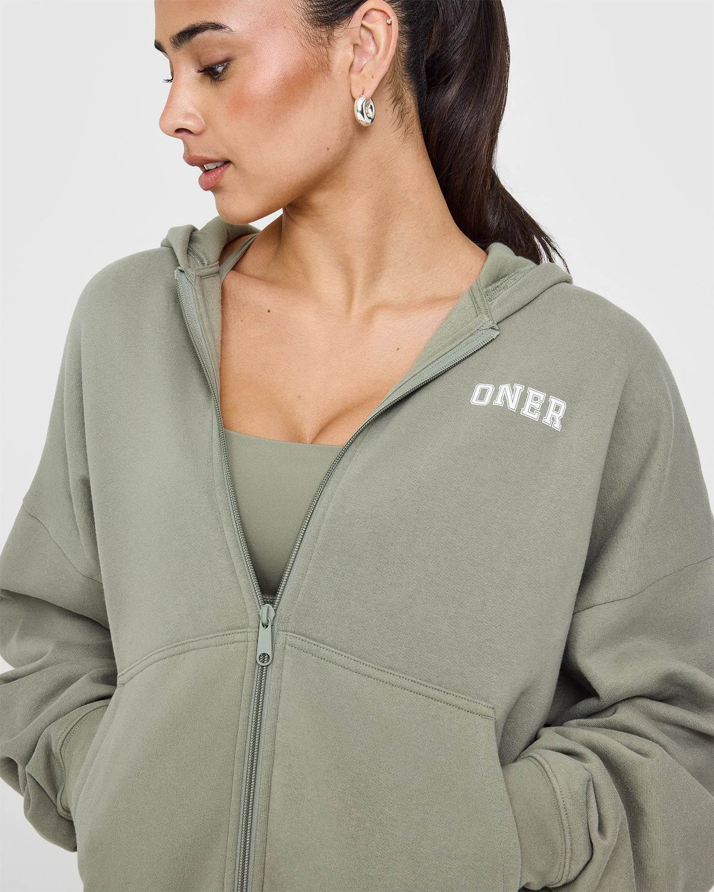 Mid Weight Zip Through Hoodie | Soft Sage Green