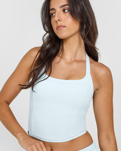 Mellow™ Rib Halter Neck Mid Vest with Built in Bra Shelf | Cloud Blue
