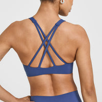 EasyLiftâ„¢ High Neck Sports Bra with White Logo | Shadow Blue