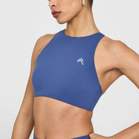 EasyLiftâ„¢ High Neck Sports Bra with White Logo | Shadow Blue