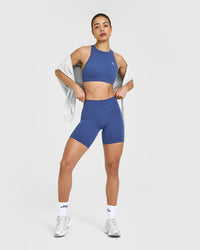 SoftMotionâ„¢ Cycling Shorts 8" with White Logo | Shadow Blue