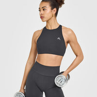 EasyLiftâ„¢ High Neck Sports Bra with White Logo | Coal