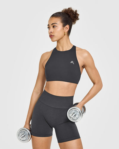 EasyLiftâ„¢ High Neck Sports Bra with White Logo | Coal
