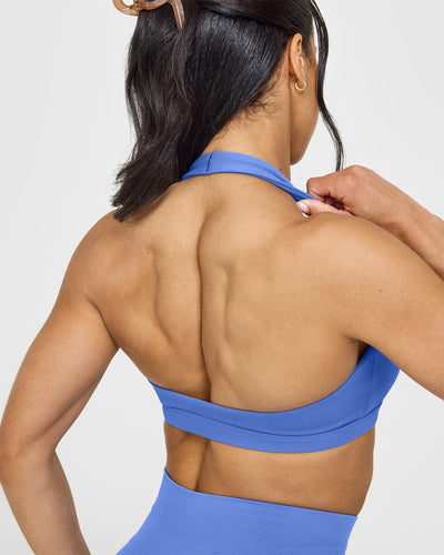 EasyLiftâ„¢ Halter Bralette with White Logo | Glaucous Blue