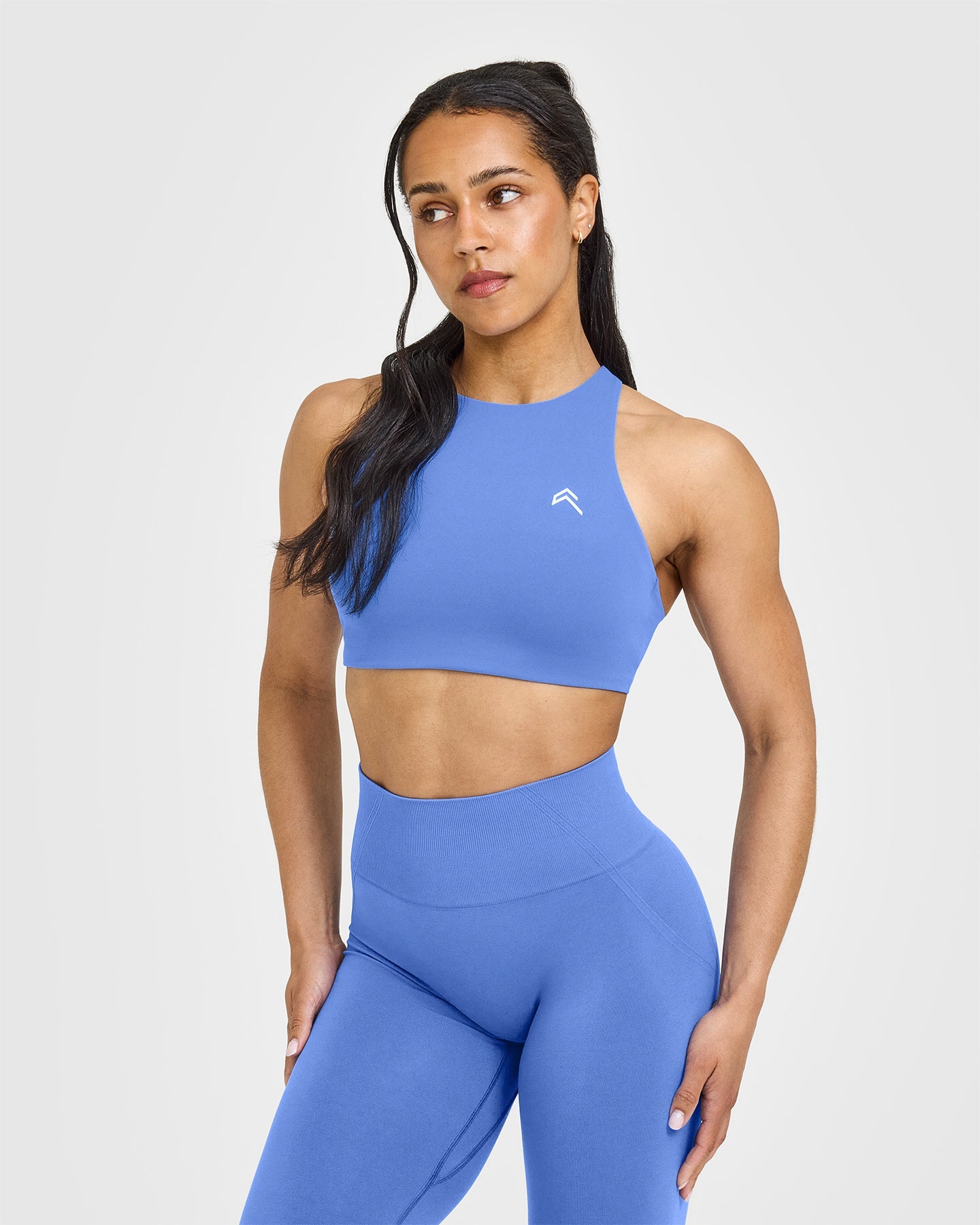 EasyLiftâ„¢ High Neck Sports Bra with White Logo | Glaucous Blue