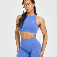 EasyLiftâ„¢ High Neck Sports Bra with White Logo | Glaucous Blue