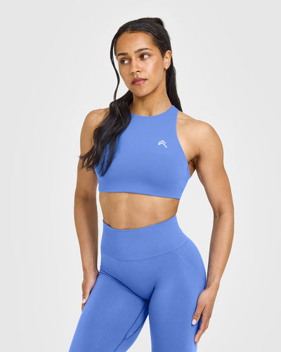 EasyLiftâ„¢ High Neck Sports Bra with White Logo | Glaucous Blue