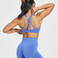 EasyLiftâ„¢ High Neck Sports Bra with White Logo | Glaucous Blue