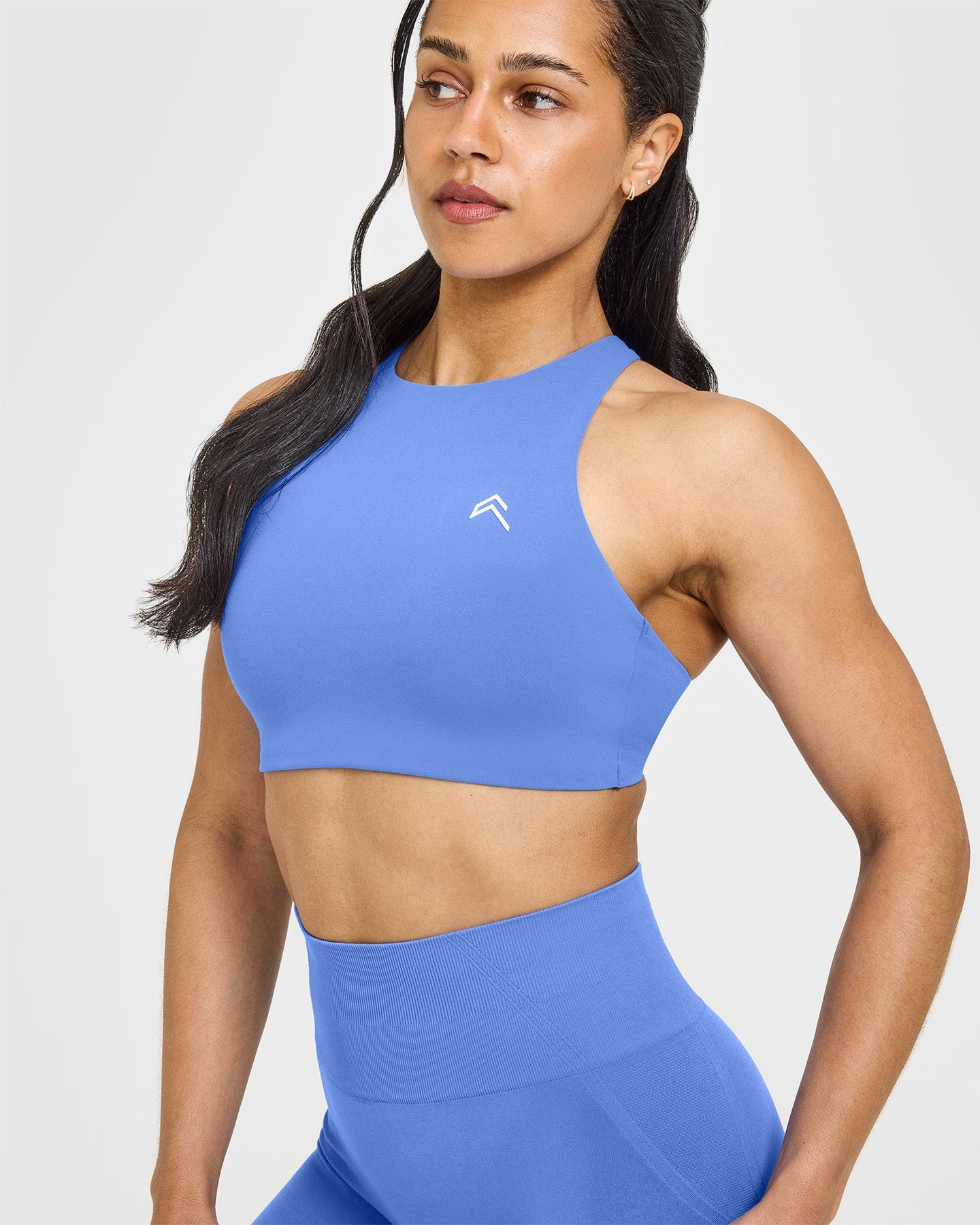 EasyLiftâ„¢ High Neck Sports Bra with White Logo | Glaucous Blue