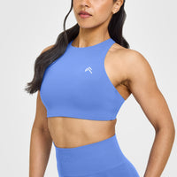 EasyLiftâ„¢ High Neck Sports Bra with White Logo | Glaucous Blue