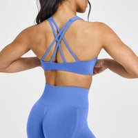 EasyLiftâ„¢ High Neck Sports Bra with White Logo | Glaucous Blue