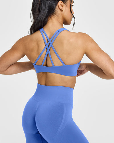 EasyLiftâ„¢ High Neck Sports Bra with White Logo | Glaucous Blue