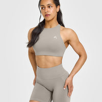 EasyLiftâ„¢ High Neck Sports Bra with White Logo | Warm Sand