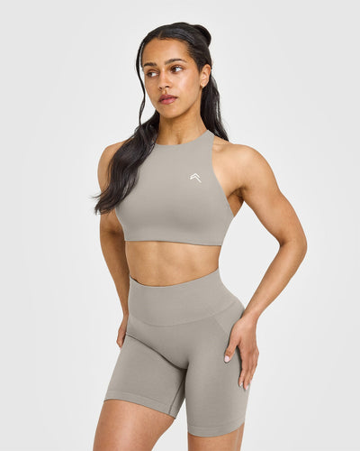 EasyLiftâ„¢ High Neck Sports Bra with White Logo | Warm Sand