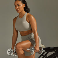 EasyLiftâ„¢ High Neck Sports Bra with White Logo | Warm Sand