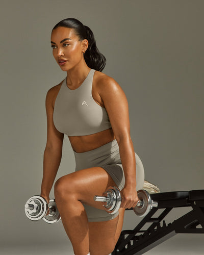 EasyLiftâ„¢ High Neck Sports Bra with White Logo | Warm Sand