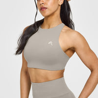 EasyLiftâ„¢ High Neck Sports Bra with White Logo | Warm Sand