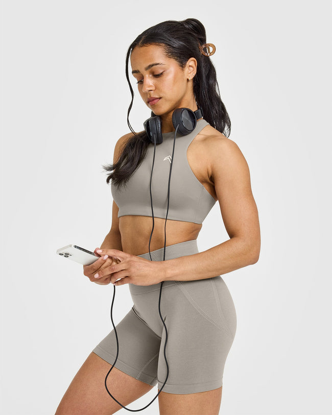EasyLiftâ„¢ High Neck Sports Bra with White Logo | Warm Sand