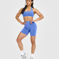 Effortless Seamless Shorts with White Logo | Glaucous Blue